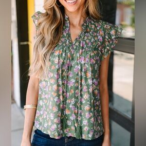 NWT Fate Green Floral Blouse with Ruffle Details Size Medium